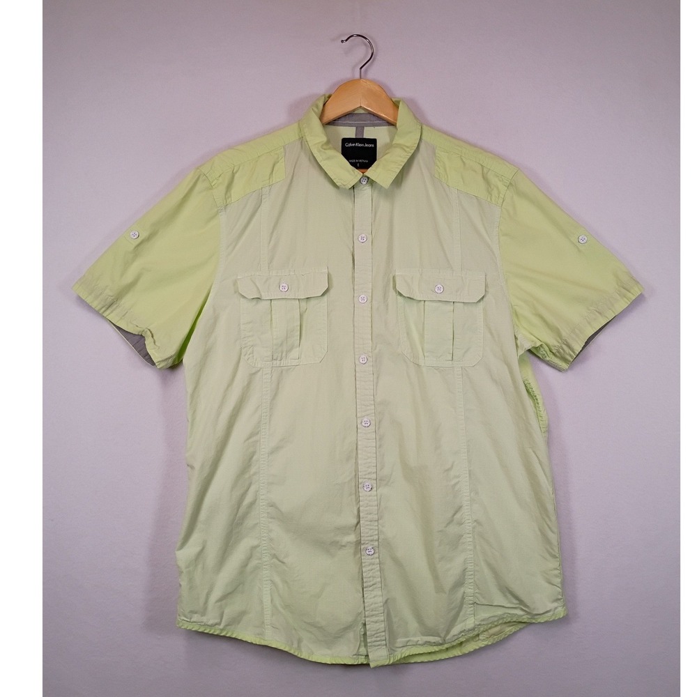Utility Gorpcore Calvin Klein Jeans Mens Large Lime Green Short Sleeve Button Up